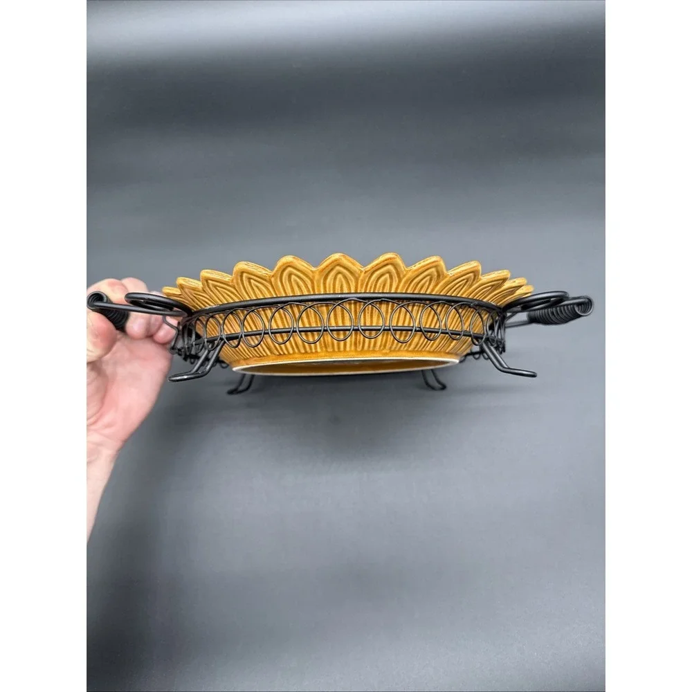 Sunflower Shaped Serving Plate Bowl Stoneware Attached Metal Trivet Stand Pier 1